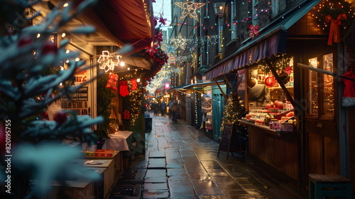 A festive alleyway set up for a Christmas market with stalls and holiday lights.