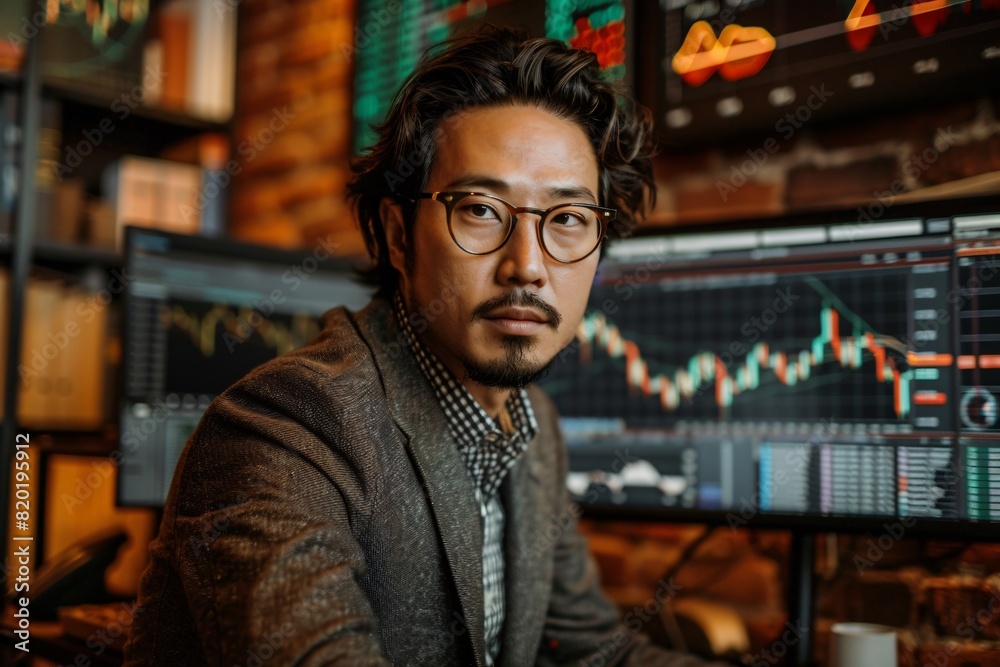 An Asian analyzing stock data An Asian analyzing stock data