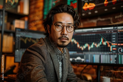 An Asian analyzing stock data