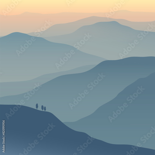Vector color illustration with mountain landscape and trees