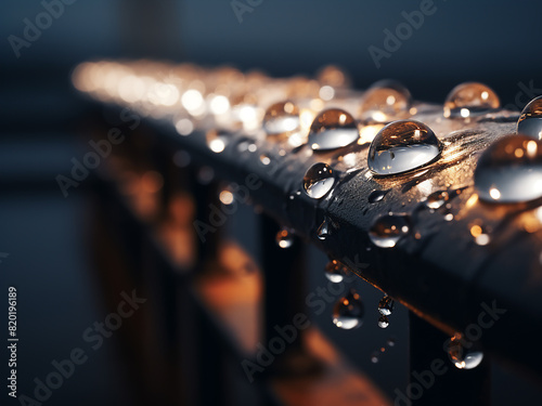 Raindrops cling to a handrail under a dreary sky