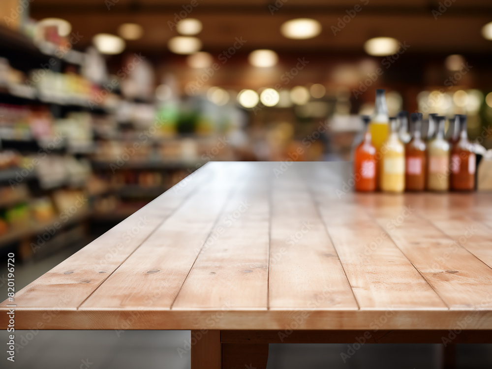 A wooden tabletop blends with a blurred supermarket background for product showcasing