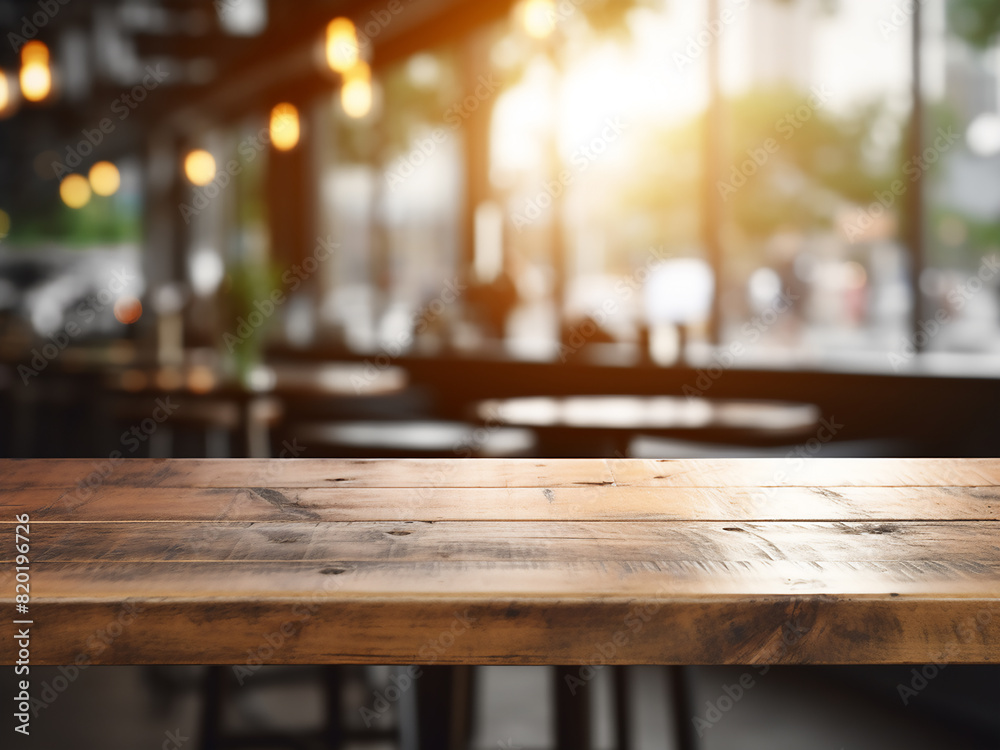 Wooden tabletop against a caf? backdrop with blurred bokeh lights, perfect for product display Wooden tabletop against a caf? backdrop with blurred bokeh lights, perfect for product display