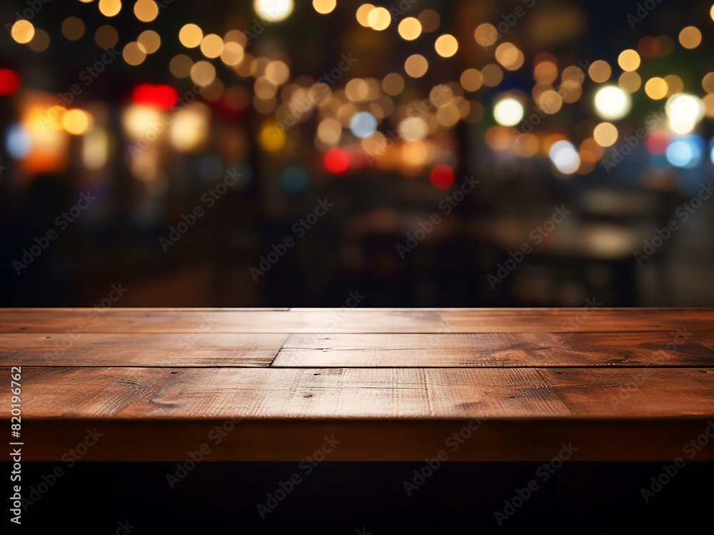 Bokeh light background enhances wooden tables emptiness, suitable for product display Bokeh light background enhances wooden tables emptiness, suitable for product display