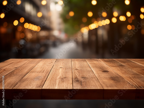 A wooden tabletop against a blurred caf? background provides a template for product display