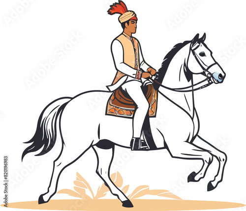Indian groom horse riding line draw vector illustration