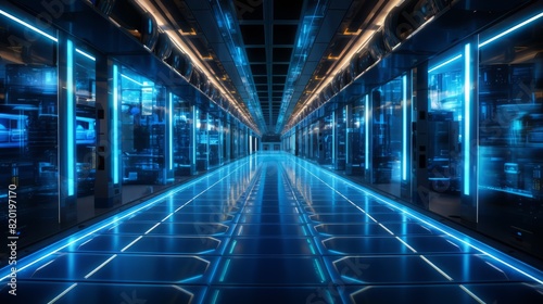 The design of this space resembles a modern hallway  illuminated by numerous lights  giving it a futuristic appearance. It exudes a sense of symmetry and technology