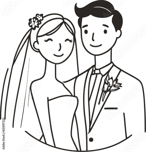 Romantic wedding couple one line art love vector illustration