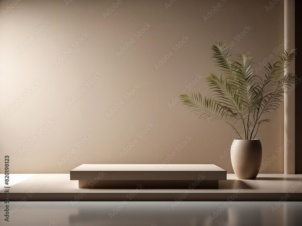 zen style minimalist podium with potted palm in neutral zen interior. zen style minimalist podium with potted palm in neutral zen interior.