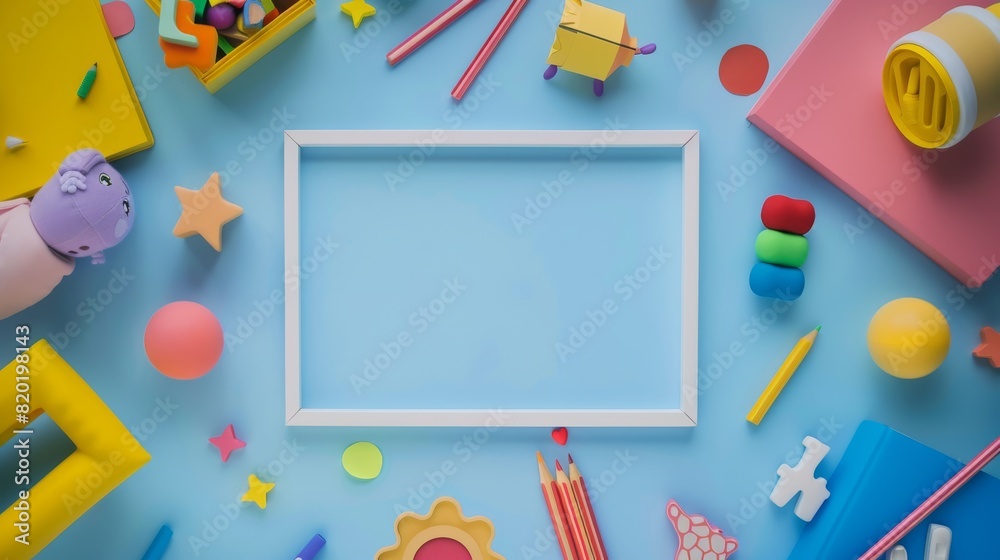 frame on a colored background with children's things frame on a colored background with children's things