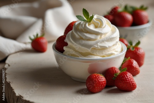 strawberries with cream, still life, dessert