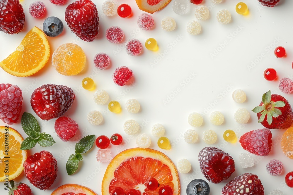 Candy berries and fruits on a white background. View from above Candy berries and fruits on a white background. View from above