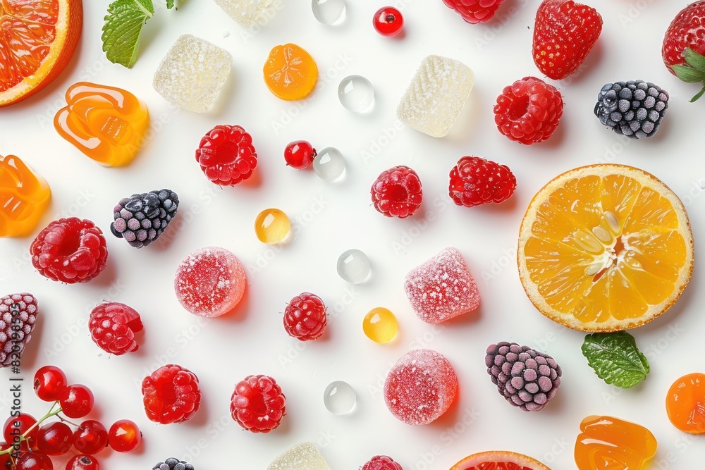 Candy berries and fruits on a white background. View from above Candy berries and fruits on a white background. View from above