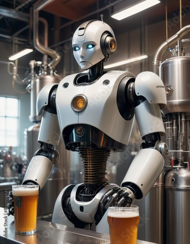 A humanoid robot with intricate detailing serves a pint of beer in a high-tech brewery setting, showcasing a fusion of automation and craft.