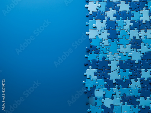 Colorful paper business puzzle pieces arranged on a blue table, offering space for text