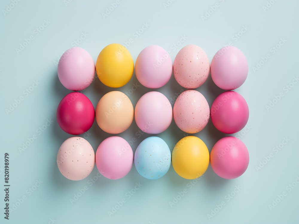 Flat lay style: colored Easter eggs arranged on a pink background Flat lay style: colored Easter eggs arranged on a pink background