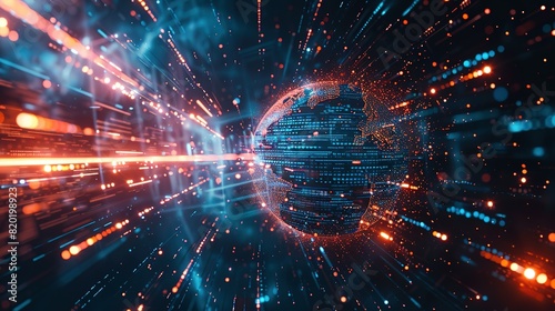 The digital globe spins out of control, global network and connectivity across Earth. Data transfer occurs at breakneck speeds, fueling a frenzy of business transactions photo