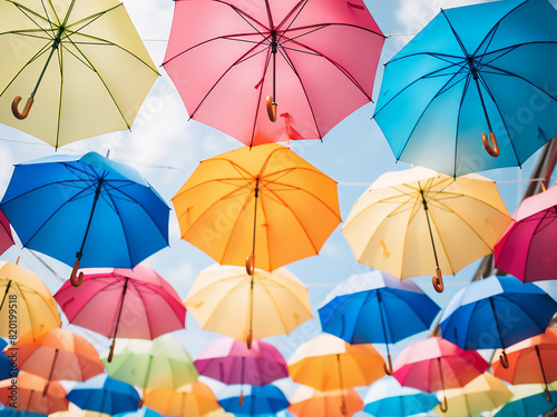 Festive outdoor parties feature colorful umbrellas hanging as backdrops