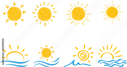 Hand-drawn Sun icon vectors isolated on a white background.