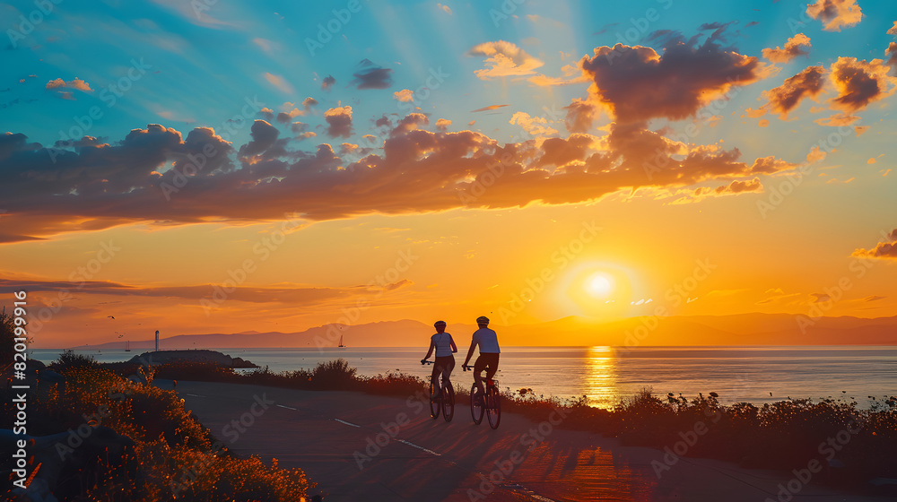 A guided cycling tour at sunset along a coastal road with the cyclists silhouetted against the vibrant sky. A guided cycling tour at sunset along a coastal road with the cyclists silhouetted against the vibrant sky.