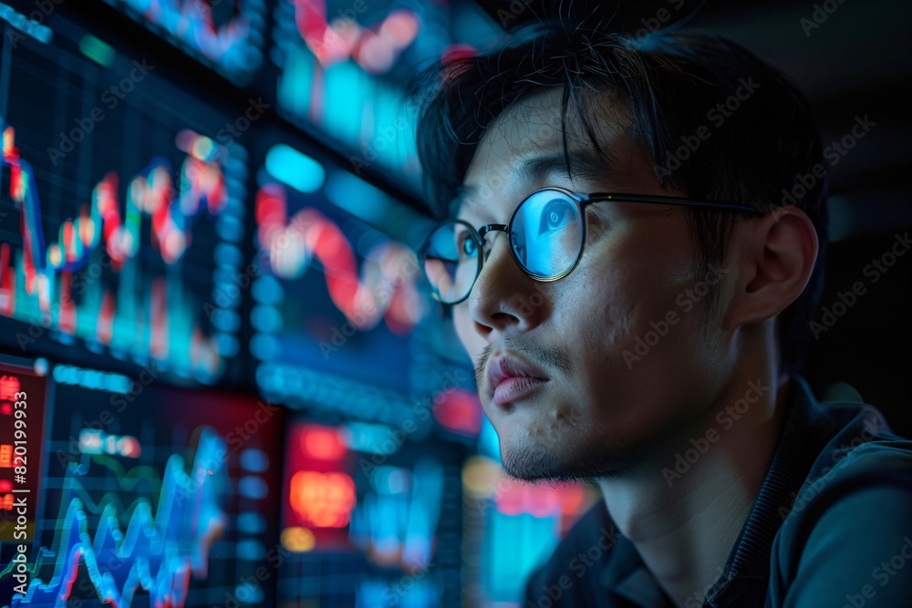 An Asian analyzing stock data