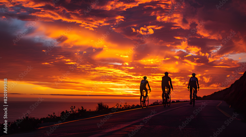 A guided cycling tour at sunset along a coastal road with the cyclists silhouetted against the vibrant sky.