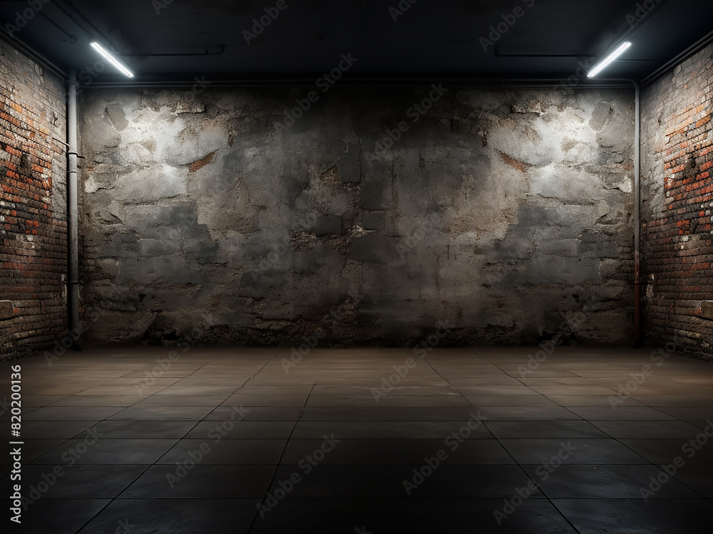 A dark ambiance: room featuring brick wall and concrete floor A dark ambiance: room featuring brick wall and concrete floor