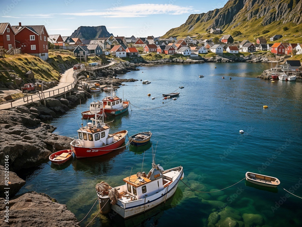 Fototapeta premium Charming fishing village of Honningsvag, Norway with colorful houses, fishing boats, and scenic coastal landscape