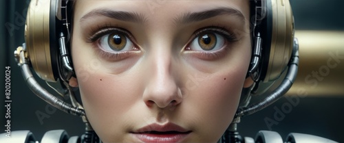 Close-up portrait of a female cyborg with remarkably expressive brown eyes and detailed mechanical elements, set in a technological ambiance. photo