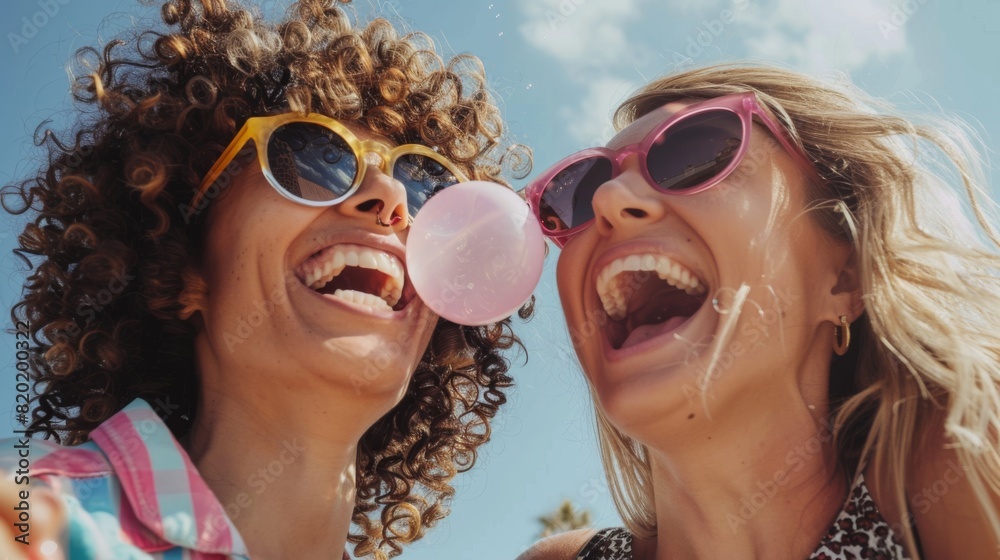 Joyful Friends Blowing Bubble Gum
