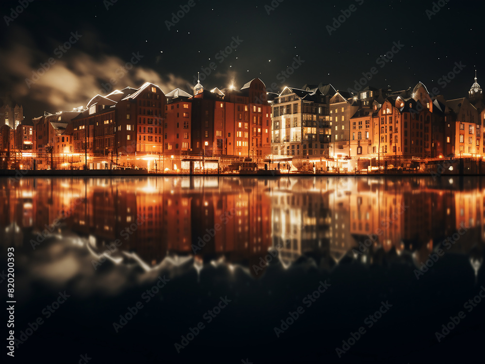 Obraz premium The night scene of Oslo, Norway, captures an abstract bokeh effect