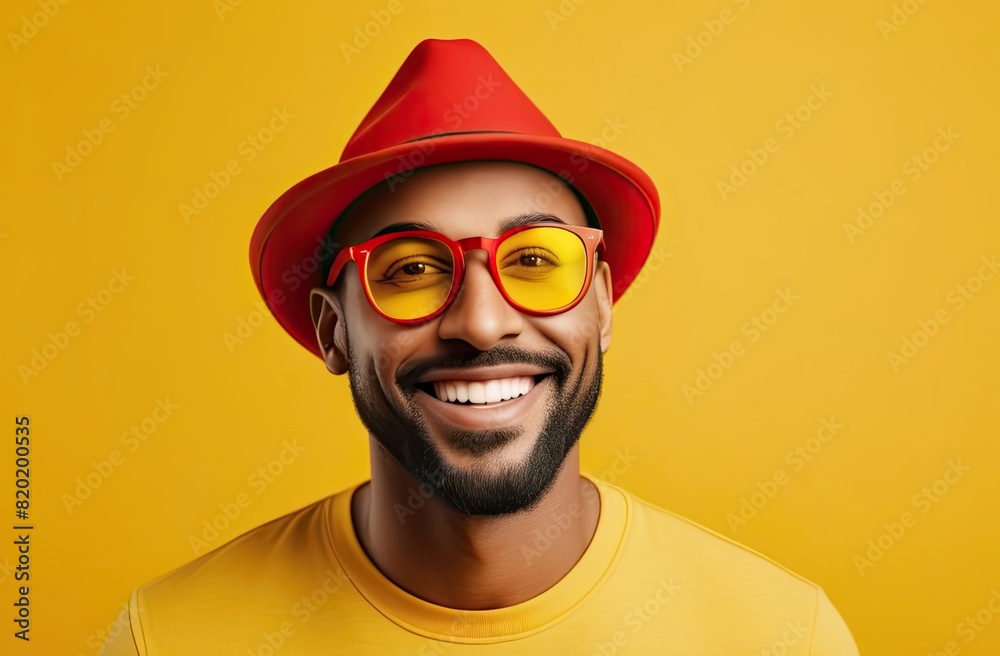 Face of happy smiling man in red hat and yellow glasses on bright background Face of happy smiling man in red hat and yellow glasses on bright background