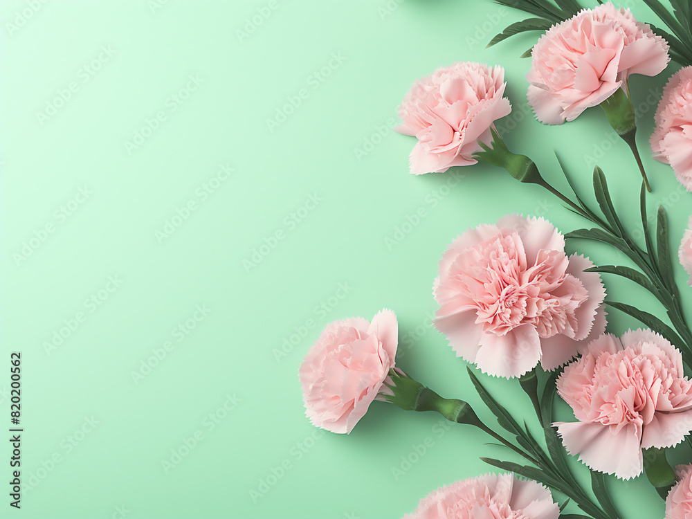 Copy space abounds amidst pastel pink carnation flowers on a green background