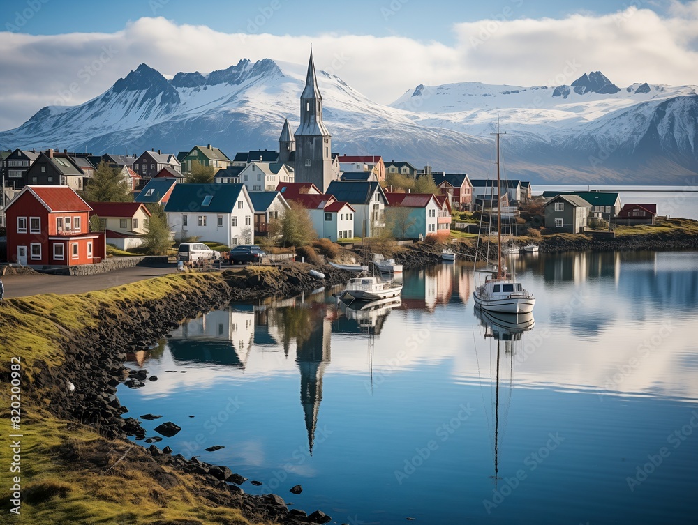 Φωτογραφία Scenic view of Husavik, Iceland with colorful houses, a charming church, boats i