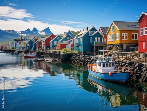 Colorful houses and fishing boats in the harbor of Husavik, Iceland with a stunning mountain backdrop and clear blue sky