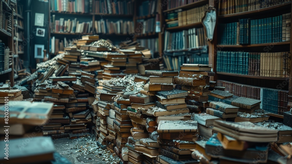 Obraz premium Piles of antique books in a vintage library - This image showcases a collection of old, dusty books piled in a disorganized manner, evoking a sense of history and nostalgia in an old library