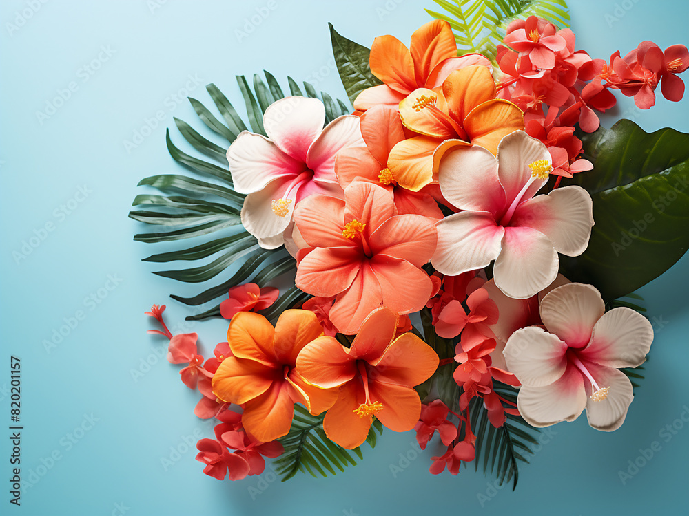 Array of tropical flora arranged on a cool gray backdrop, symbolizing summers beauty