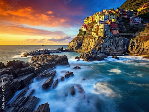 Sunset view of Manarola, Italy with colorful cliffside houses, dramatic waves, and a vibrant sky over the Ligurian Sea