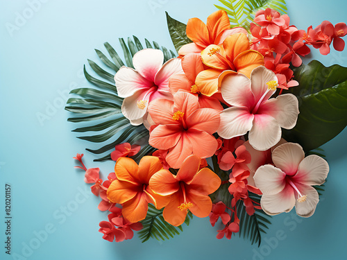 Array of tropical flora arranged on a cool gray backdrop  symbolizing summers beauty