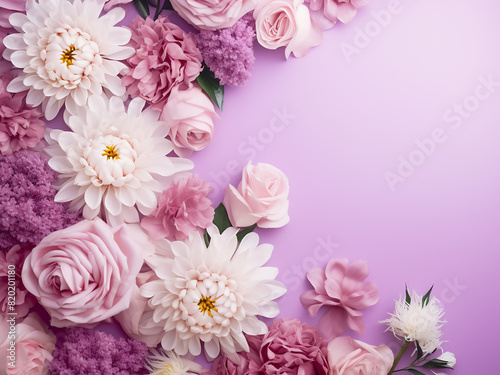 Vibrant mix of purple peonies, pink roses, and tulips with white chrysanthemums on pastel pink