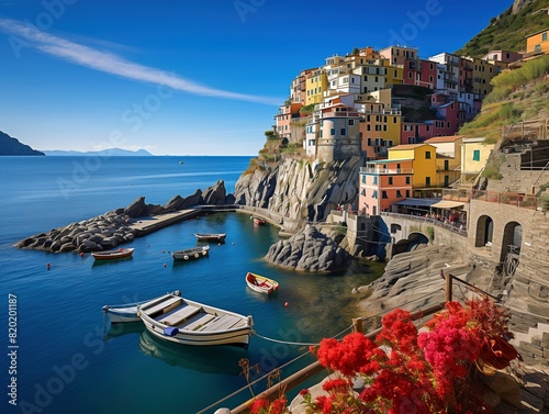 Colorful cliffside village of Manarola, Italy with vibrant houses and boats in a serene harbor along the Ligurian Sea