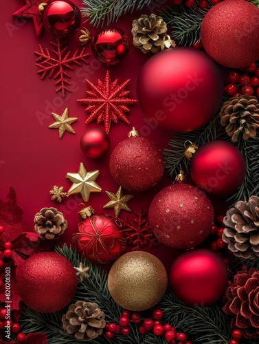 Holiday design with decorative Christmas tree toys, balls and baubles. Festive Christmas background