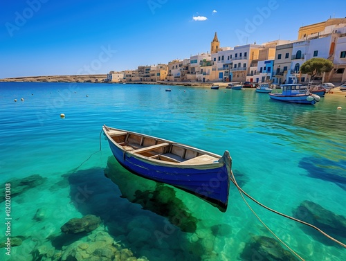 Traditional fishing village of Marsaxlokk, Malta with colorful boats on crystal clear turquoise water and historic buildings