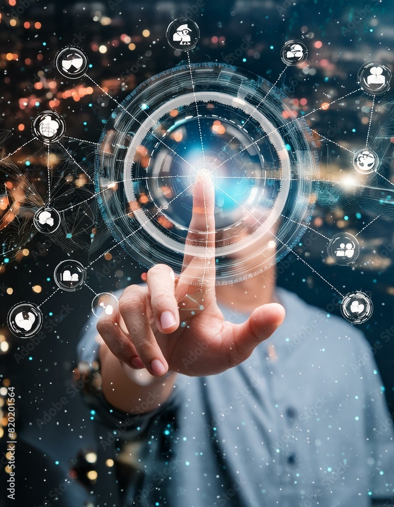 Digital technology, internet network connection concept. Finger touching on virtual screen Digital technology, internet network connection concept. Finger touching on virtual screen
