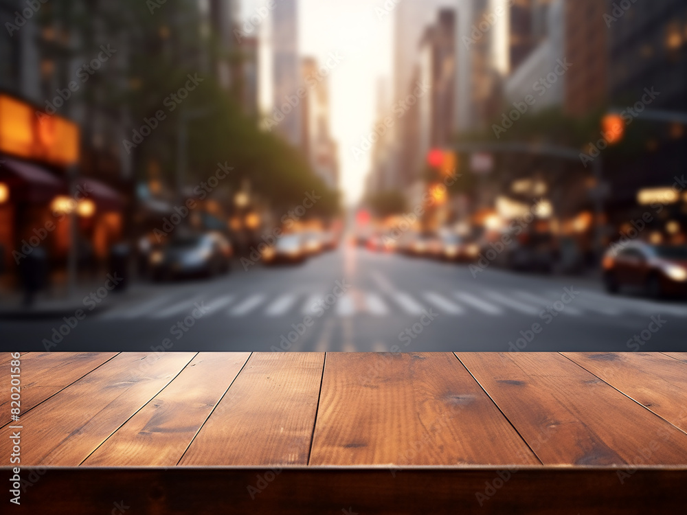 A lively cityscape blurs in the background behind an empty wooden table A lively cityscape blurs in the background behind an empty wooden table