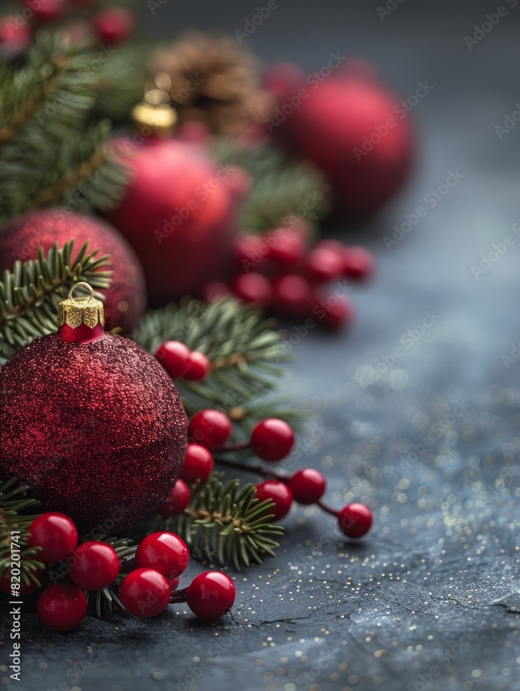 Holiday design with decorative Christmas tree toys, balls and baubles. Festive Christmas background Holiday design with decorative Christmas tree toys, balls and baubles. Festive Christmas background