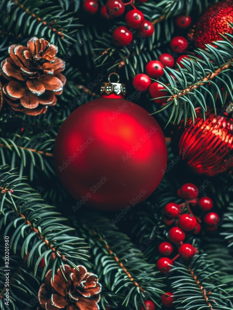 Holiday design with decorative Christmas tree toys, balls and baubles. Festive Christmas background