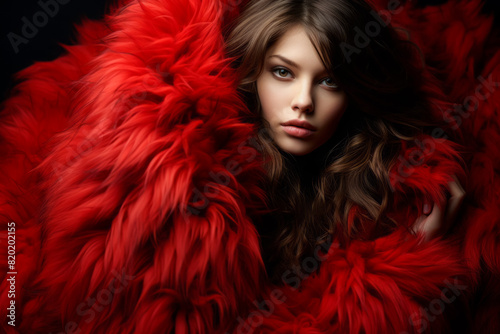 A woman is stylishly wrapped in a luxurious red fur coat, exuding beauty and elegance, with long hair flowing gracefully, at a glamorous event
