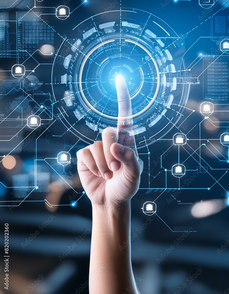 Digital technology, internet network connection concept. Finger touching on virtual screen 