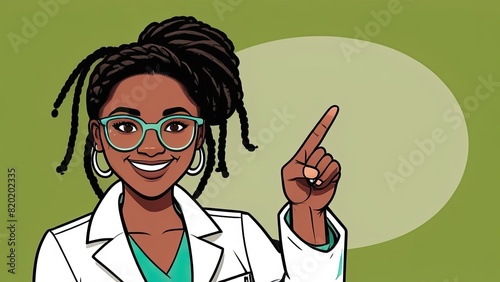 woman in white coat pointing at free space, advertisement of maditsin, pharmaceutical services
